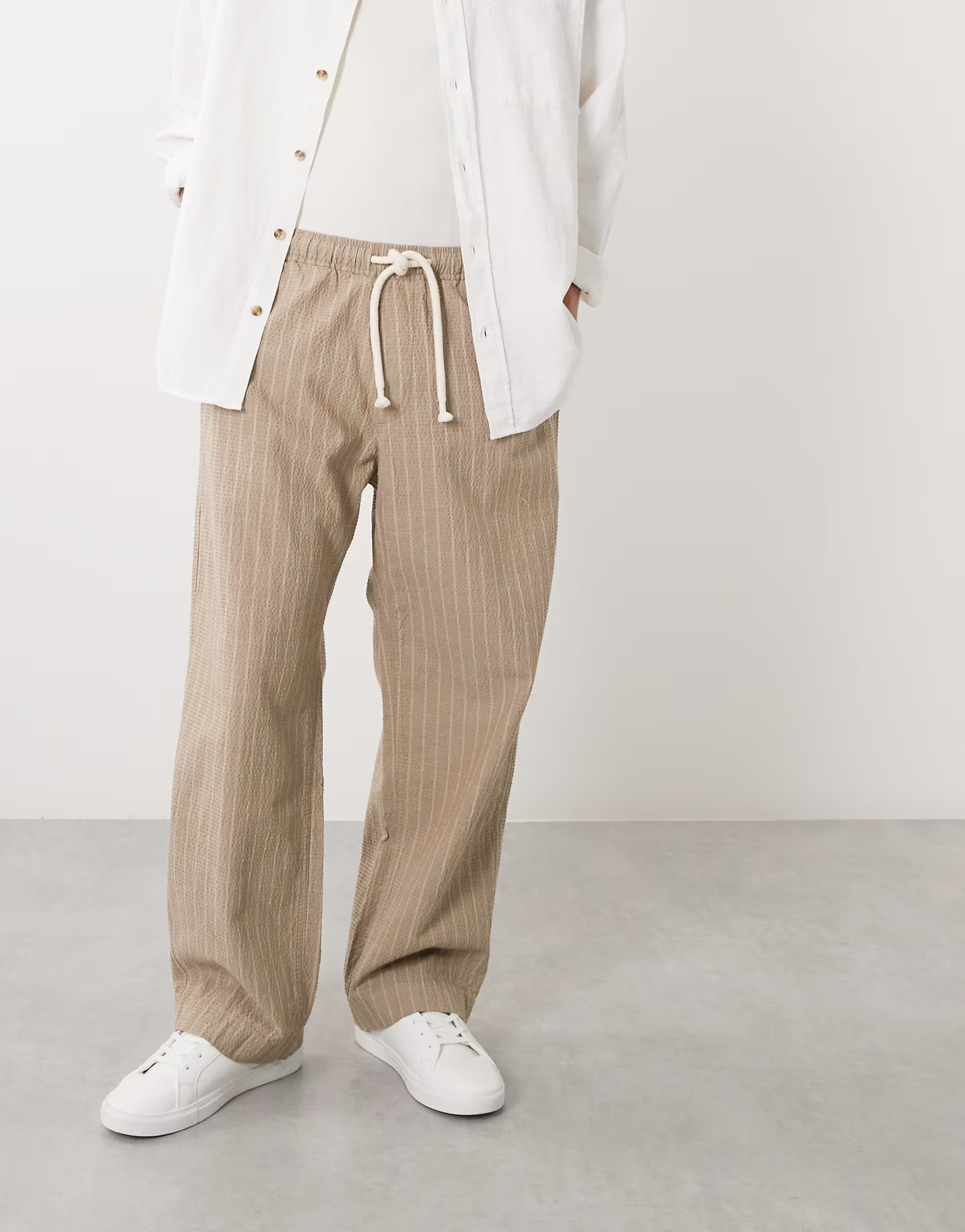 ASOS Abercrombie & Fitch cotton rich baggy pull on seersucker trousers in beige stripe