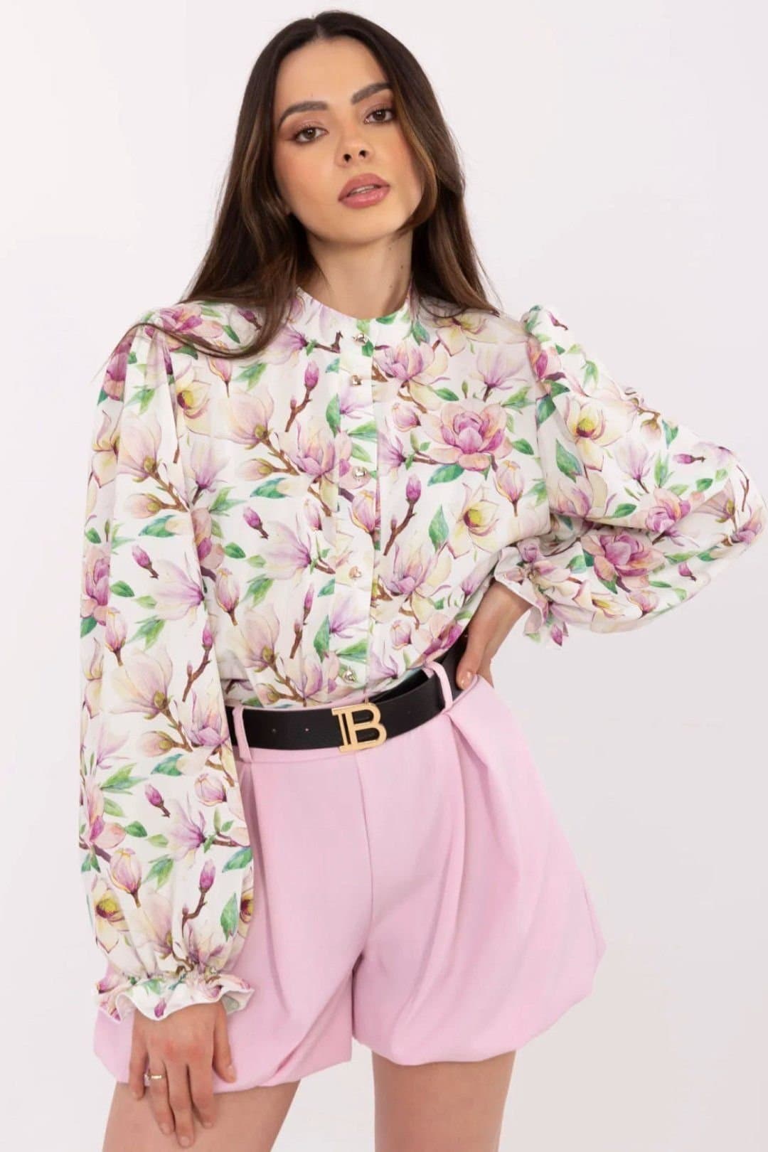 Love Lace Love Lace Women's Floral Puff Sleeve Stand Collar Long Shirt in White