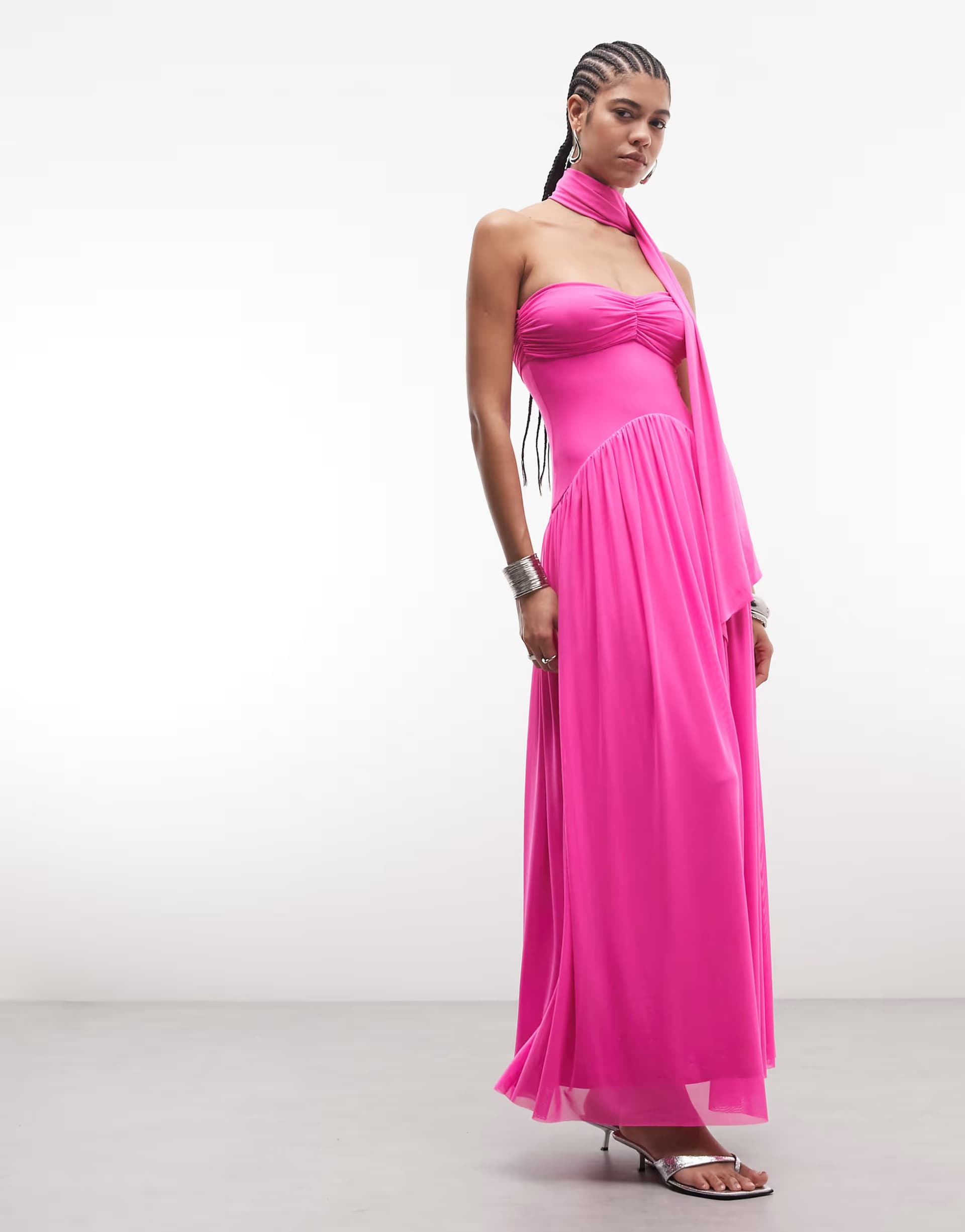 ASOS AFRM Rori sculpted waist maxi dress with scarf in brilliant pink