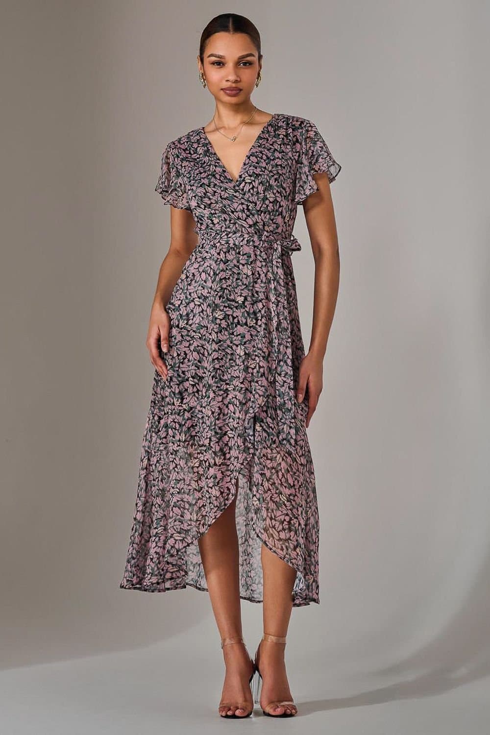 Jolie Moi Jolie Moi Women's Chiffon Wrap Midi Dress in Dark Pink