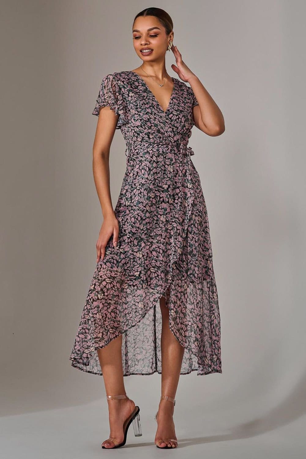 Jolie Moi Jolie Moi Women's Chiffon Wrap Midi Dress in Dark Pink - 4