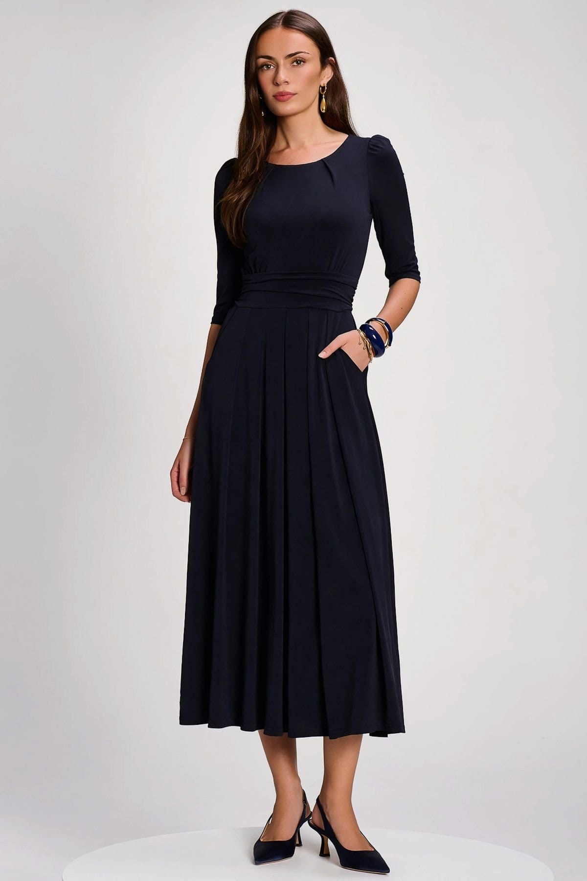 Jolie Moi Jolie Moi Women's 3/4 Sleeve Plain Jersey Maxi Dress in Navy - 4