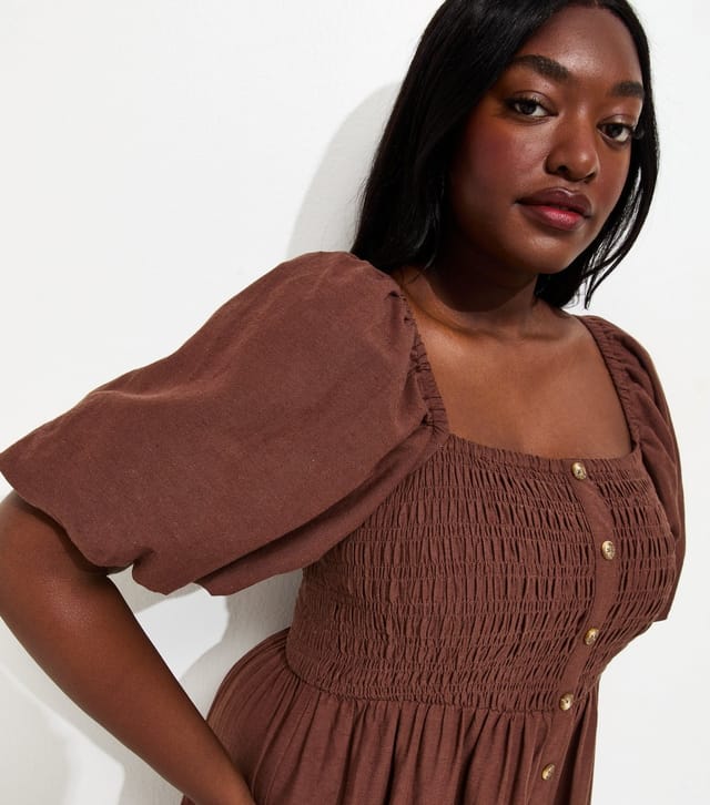 New Look Women's Plus Size Dark Brown Button Front Milkmaid Midi Dress Curves New Look - 2