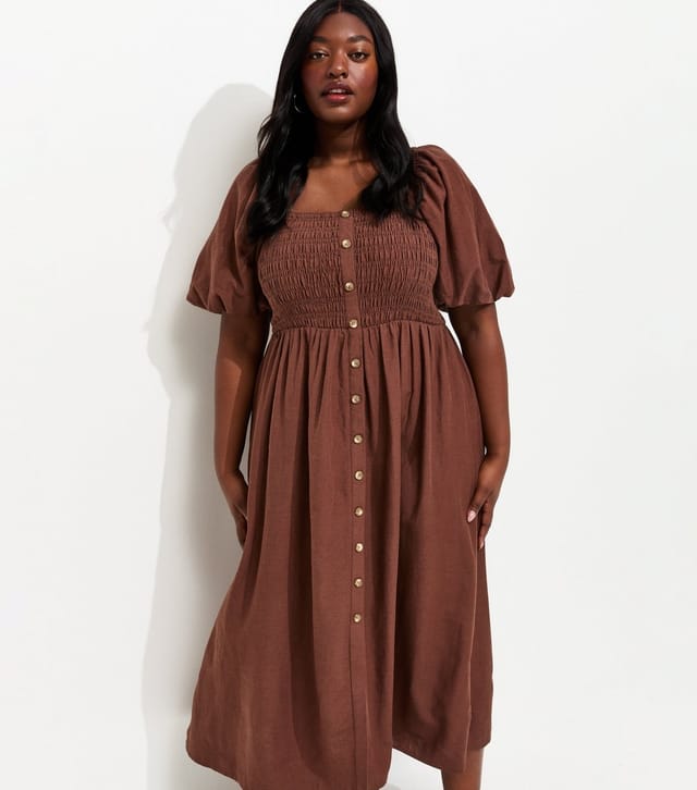 New Look Women's Plus Size Dark Brown Button Front Milkmaid Midi Dress Curves New Look - 3