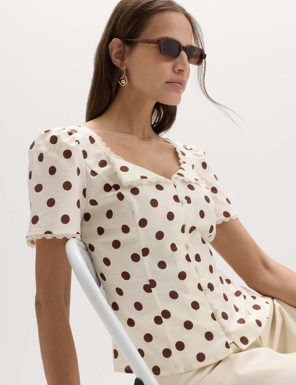 Marks & Spencer M&S Polka Dot Lace Detail Button Through Top Ivory Mix - 1