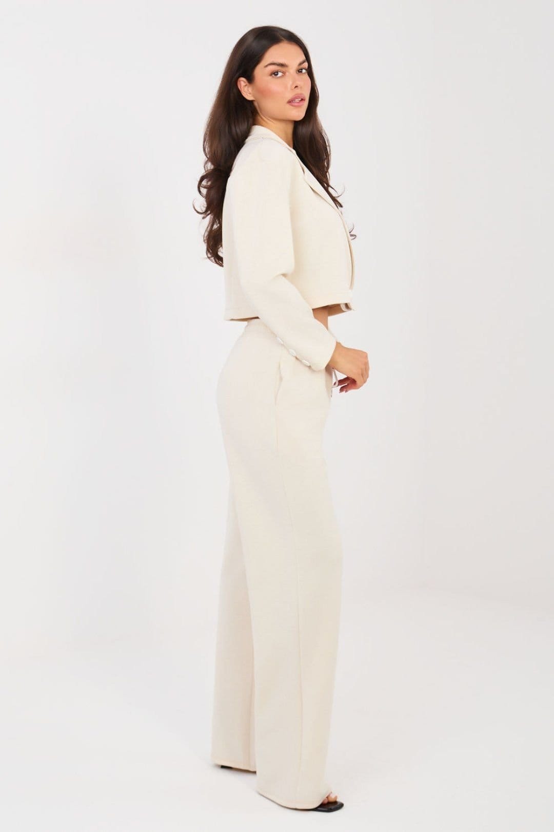 Love Lace Beige Soft Buttoned Jacket & Straight Pants Set