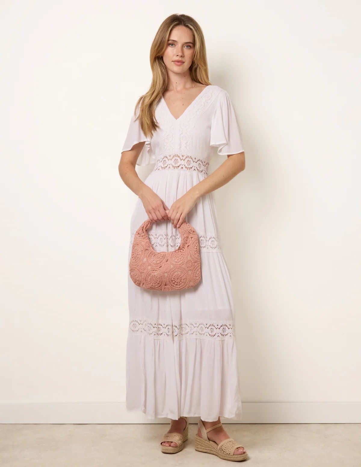 Blue Vanilla V-Neck Tiered Crochet Detail Maxi Dress