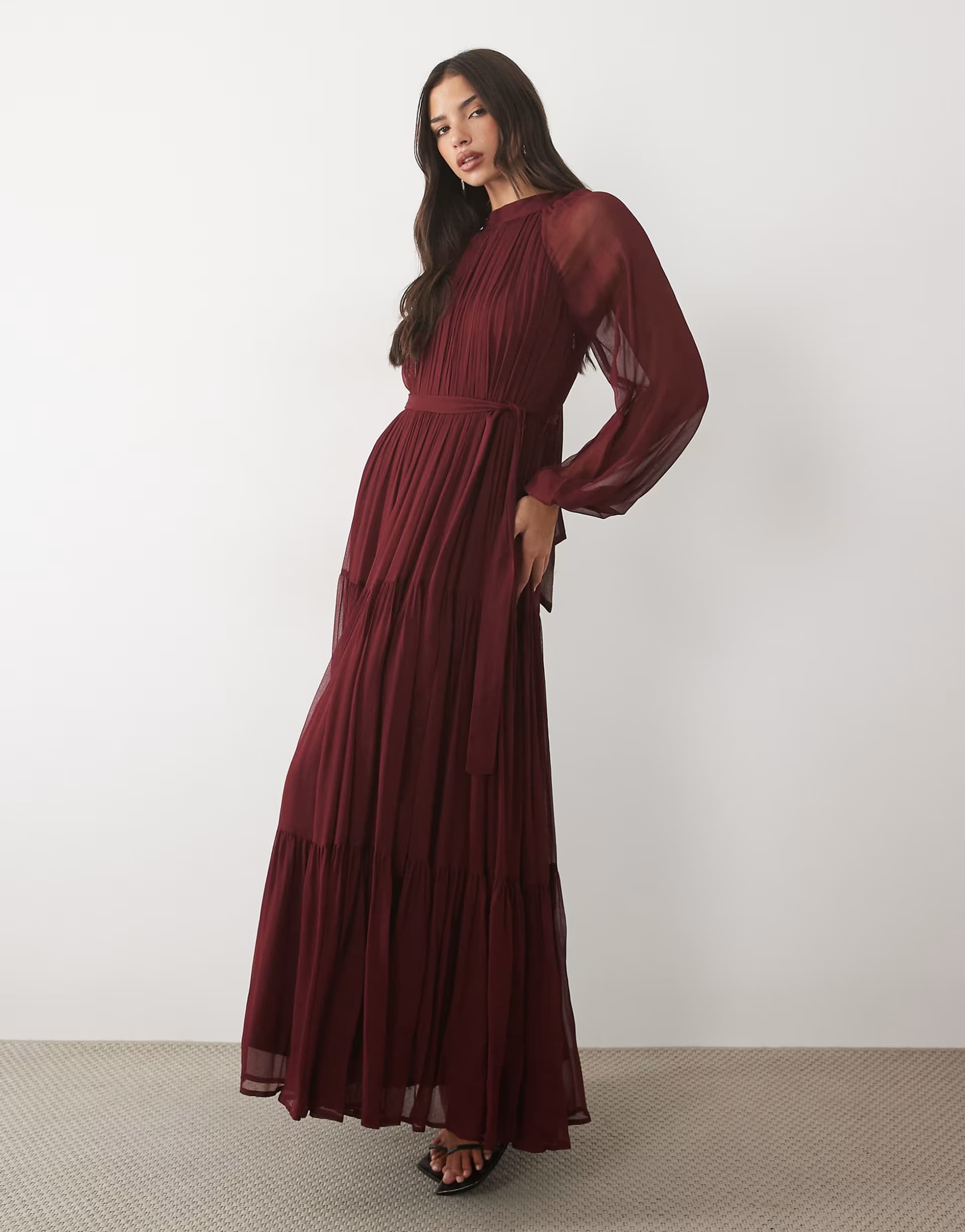 ASOS Lace & Beads chiffon high neck blouson sleeve maxi dress in burgundy