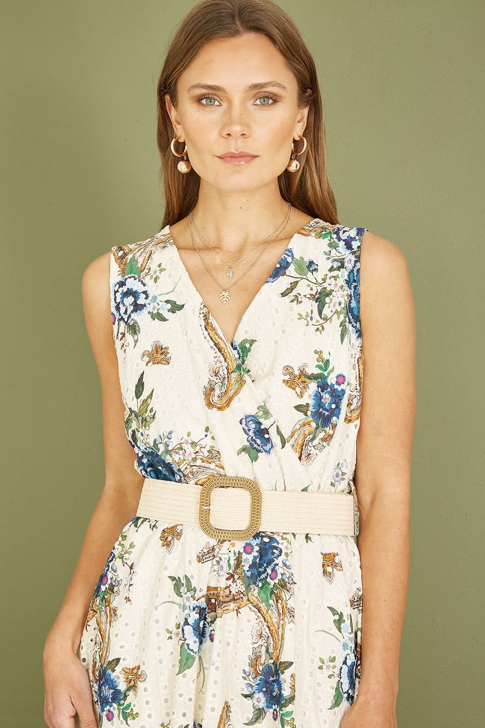 Yumi Yumi Women's Ivory Floral Print Broderie Anglaise Cotton Dip Hem Midaxi Dress in White - 2