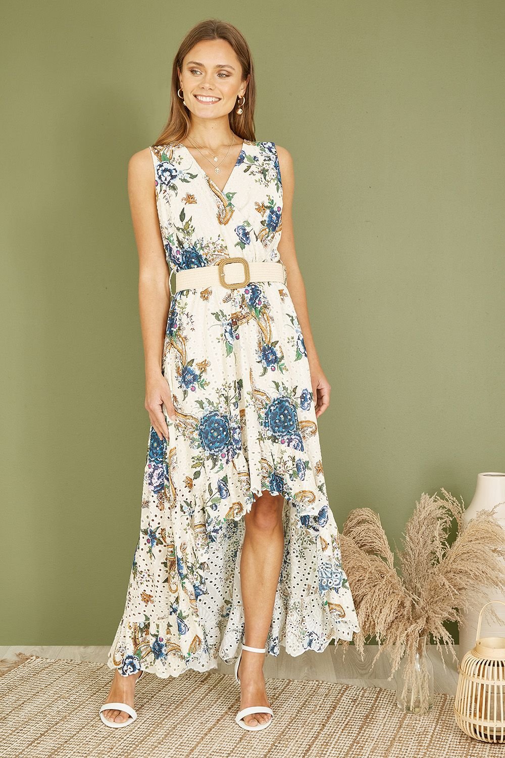 Yumi Yumi Women's Ivory Floral Print Broderie Anglaise Cotton Dip Hem Midaxi Dress in White - 4