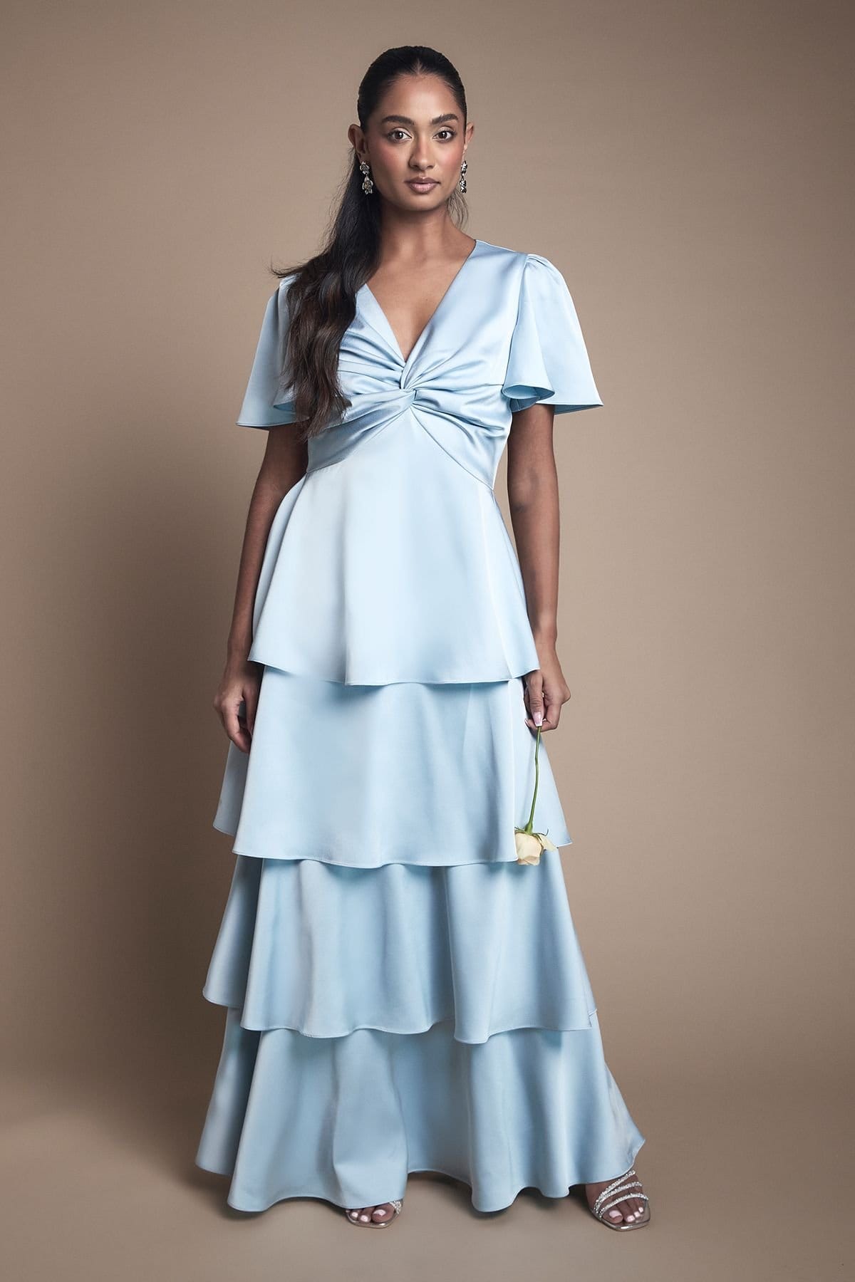 Oasis Oasis Women's Satin Twist Front Tiered Bridesmaid Maxi Dress in Light Blue - 1