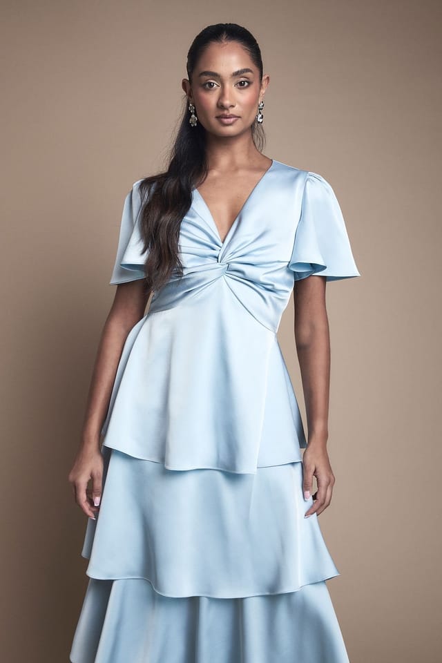 Oasis Oasis Women's Satin Twist Front Tiered Bridesmaid Maxi Dress in Light Blue - 2