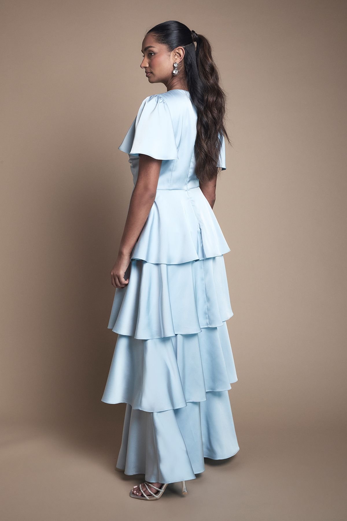 Oasis Oasis Women's Satin Twist Front Tiered Bridesmaid Maxi Dress in Light Blue - 3