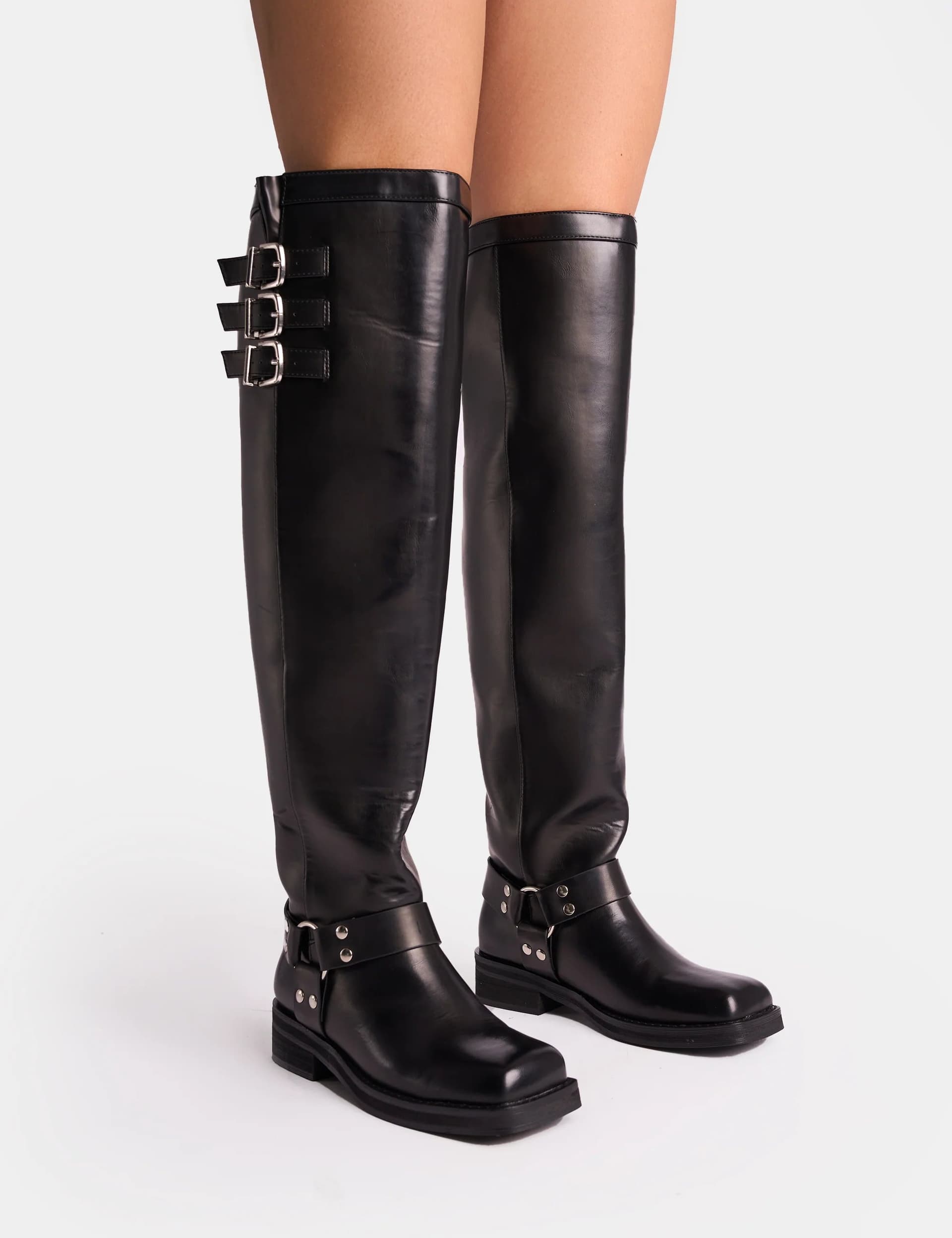 Public Desire Sagittarius Vintage Black Buckle Detail Over The Knee Boots