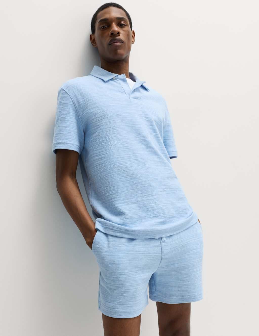 Marks & Spencer M&S Cotton Rich Notch Neck Boucle Polo Shirt Powder Blue