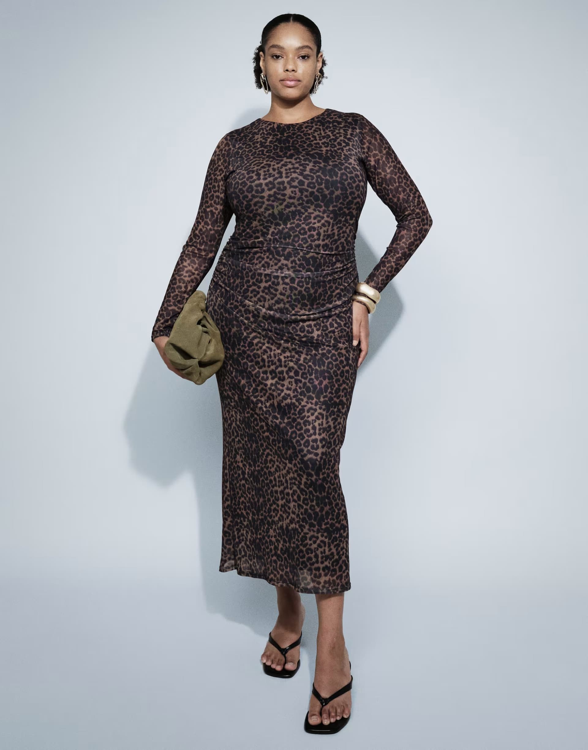 ASOS New Look Curve ruched mesh midi dress in brown leopard print