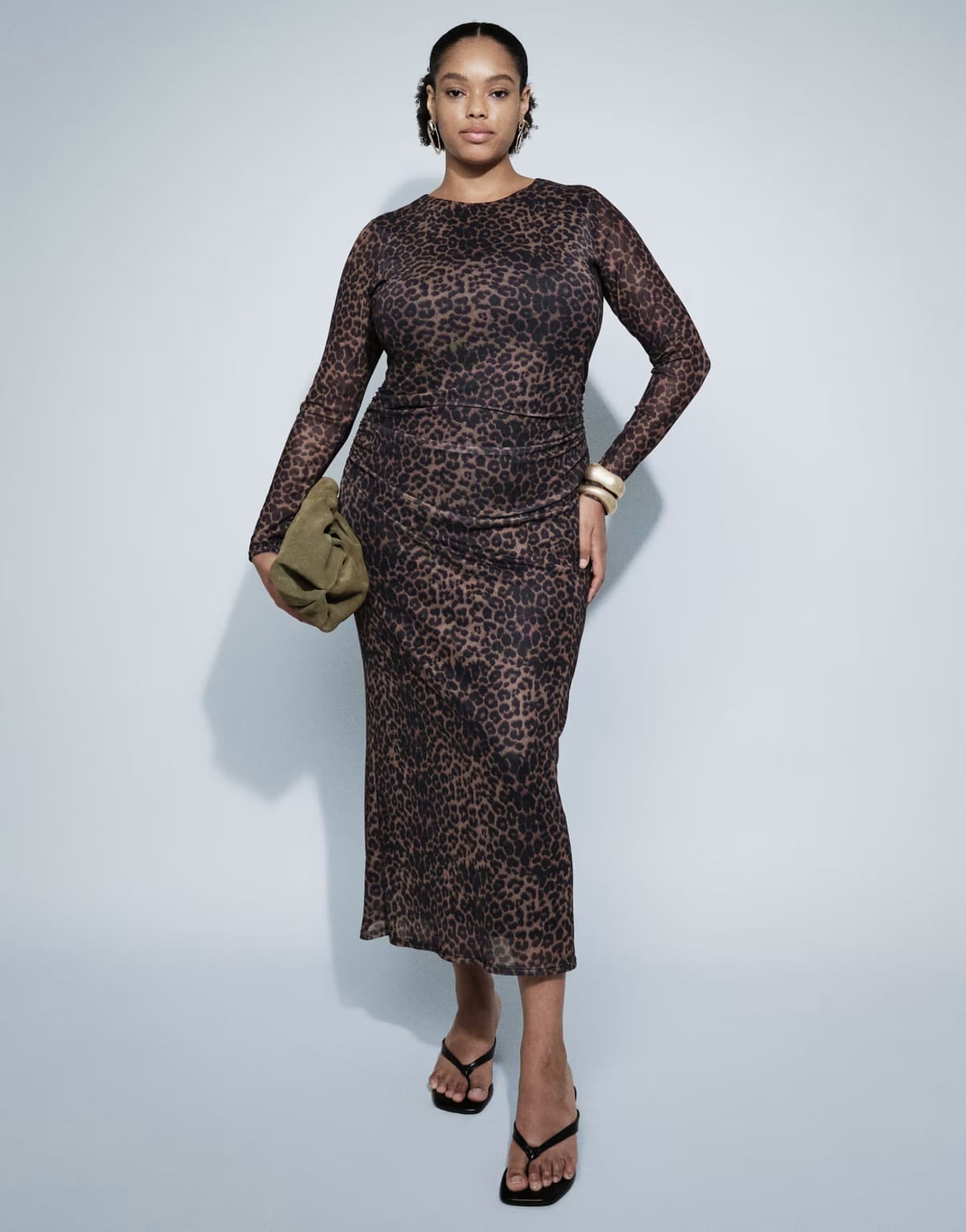 ASOS New Look Curve ruched mesh midi dress in brown leopard print - 1