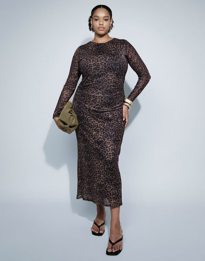 ASOS New Look Curve ruched mesh midi dress in brown leopard print - 1