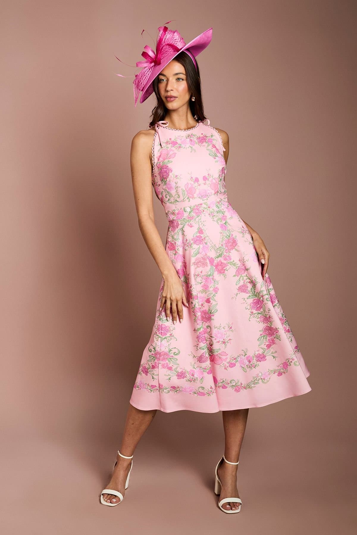 Coast Coast Women's Placement Print Floral Bow Shoulder Midi Dress in Pink
