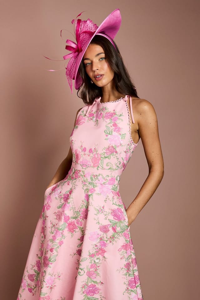 Coast Coast Women's Placement Print Floral Bow Shoulder Midi Dress in Pink - 2