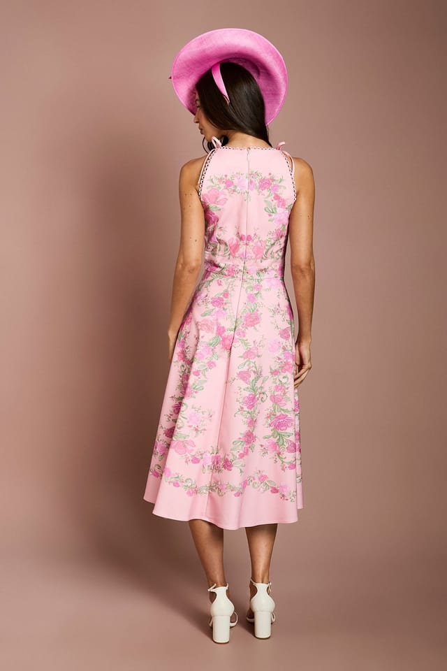 Coast Coast Women's Placement Print Floral Bow Shoulder Midi Dress in Pink - 3