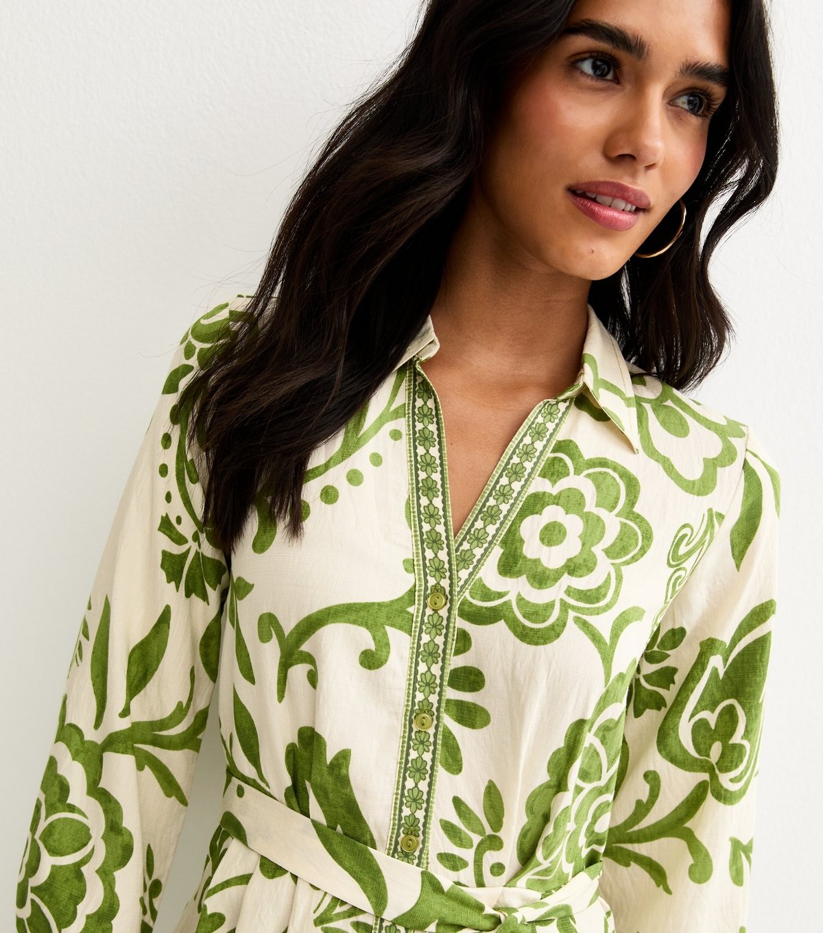 New Look Women's Green Floral Border Tile Print Midi Shirt Dress New Look - 2