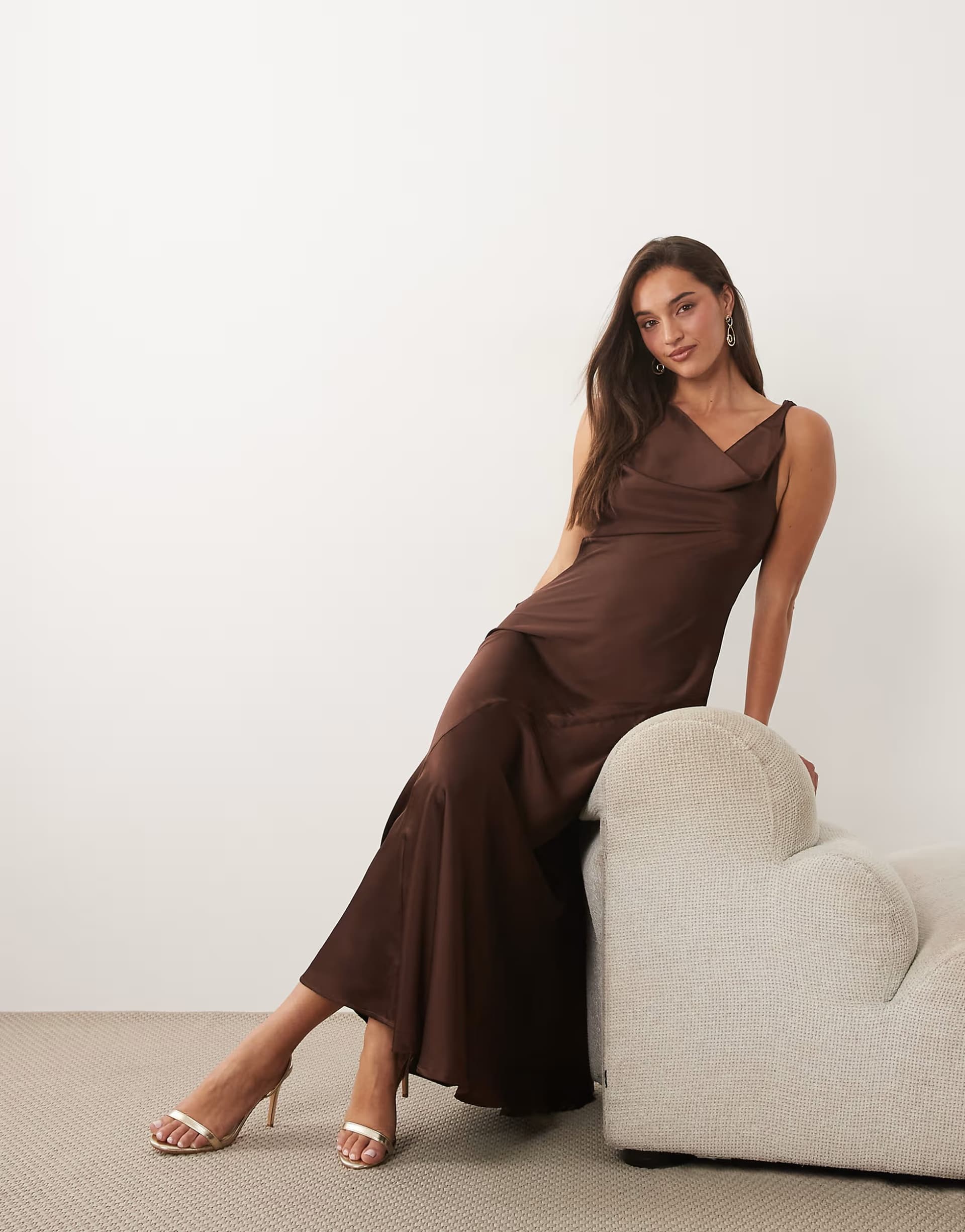 ASOS Vila halter cowl neck satin maxi dress in chocolate brown
