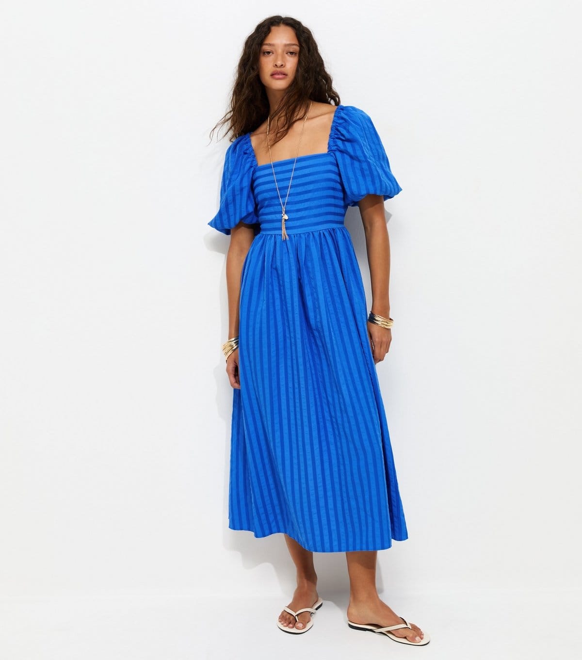 New Look Bright Blue Striped Midi Dress with Puff Sleeves