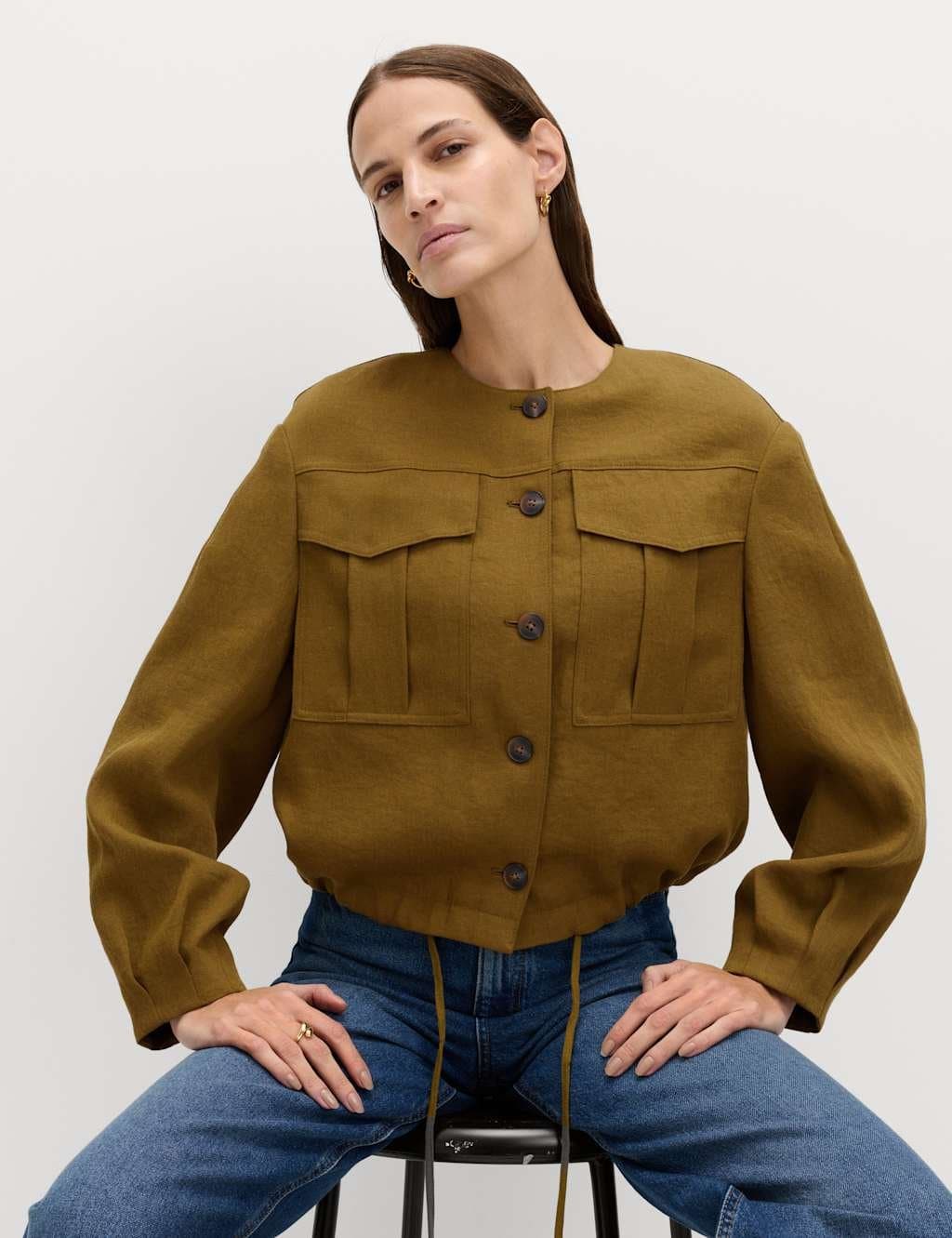 Marks & Spencer M&S Collarless Utility Jacket With Linen Moss