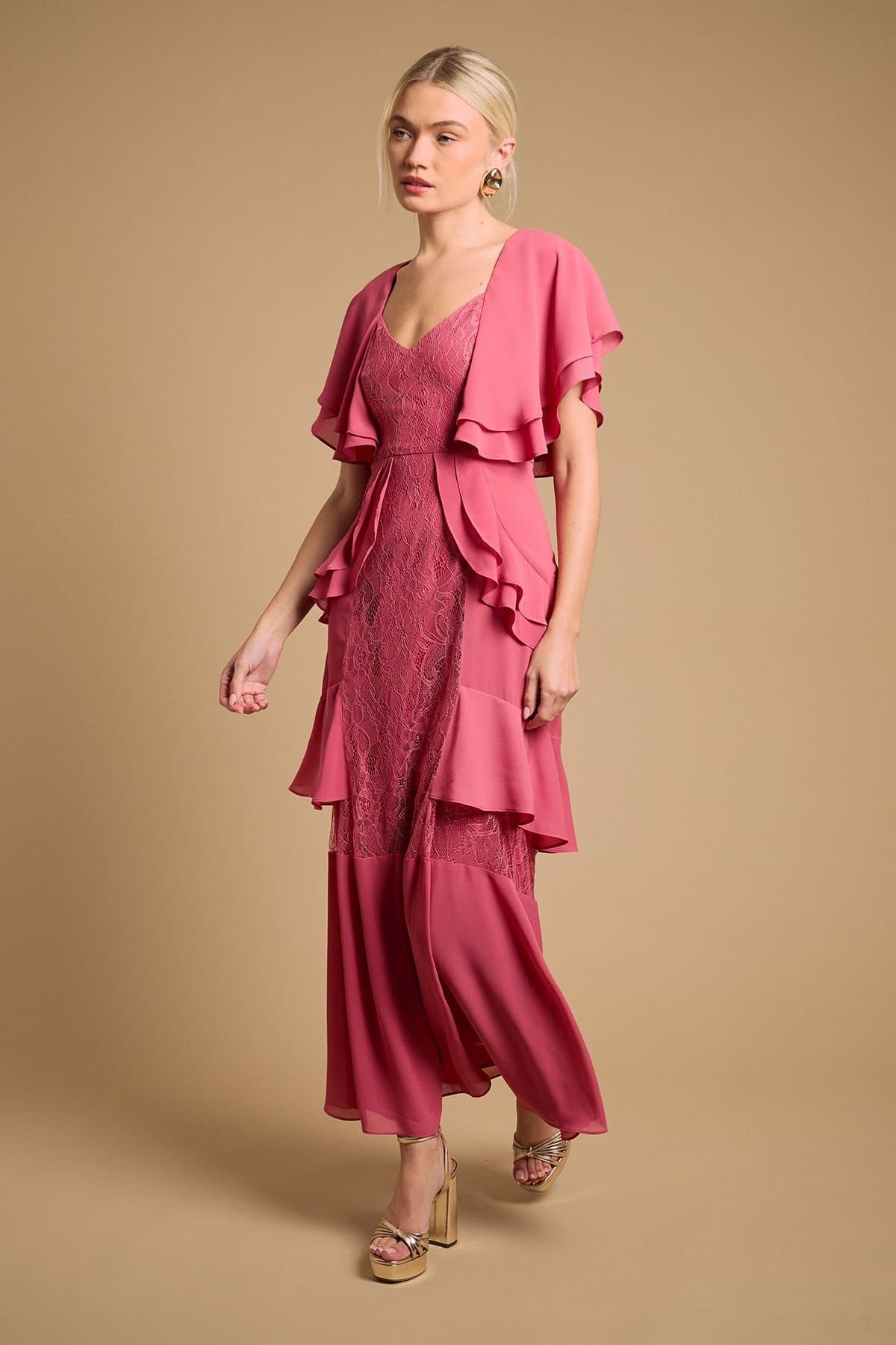 Oasis Oasis Women's Lace Panel Ruffle Maxi Dress in Desert Rose