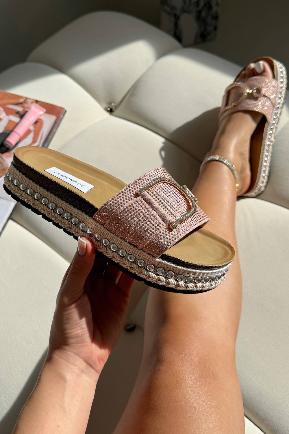 Love Lemonade Love Lemonade Women's Crystal Edge Woven Platform Sliders in Pink - 1