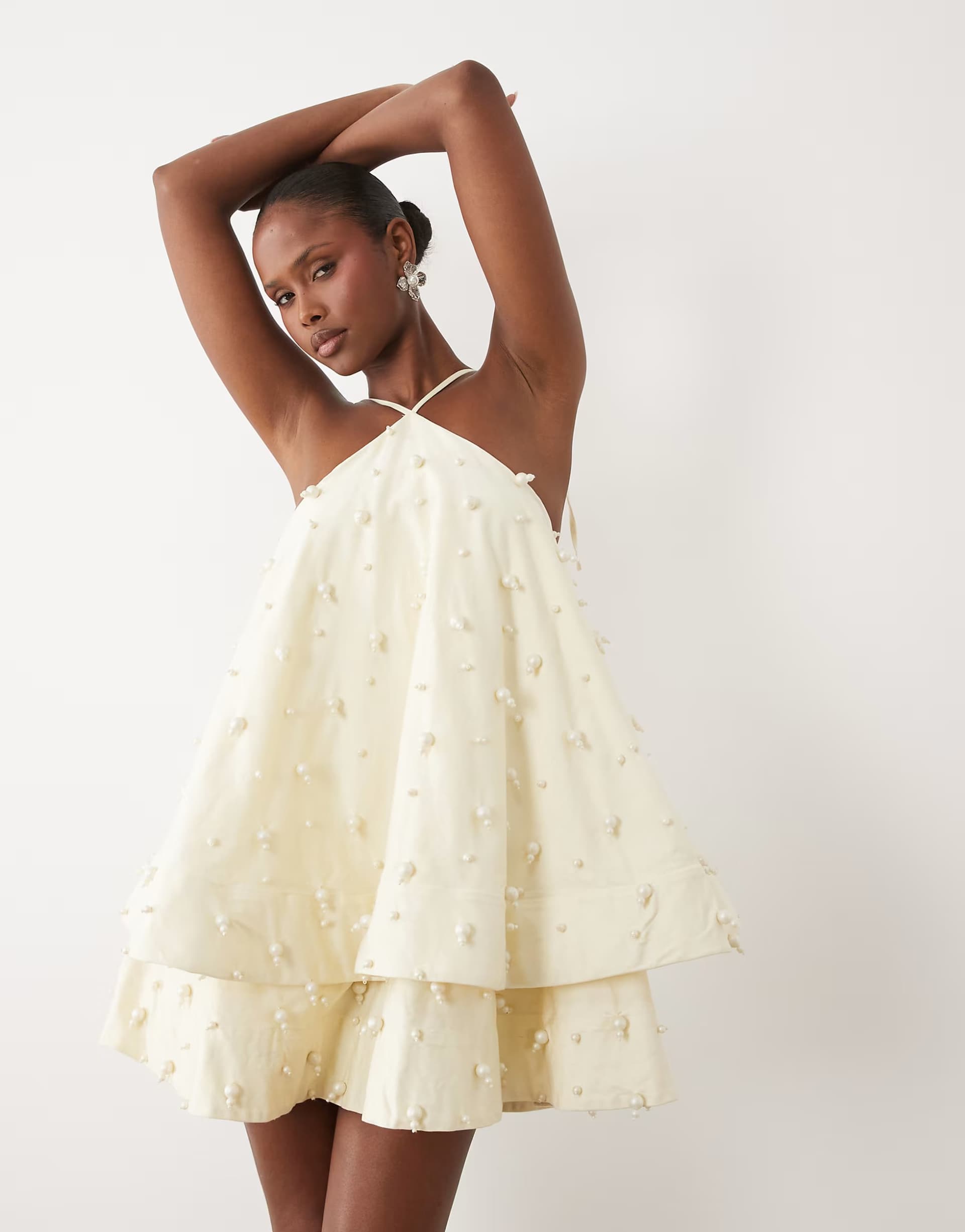 ASOS ASOS DESIGN halter neck mini dress with pearl embellished beads in cream