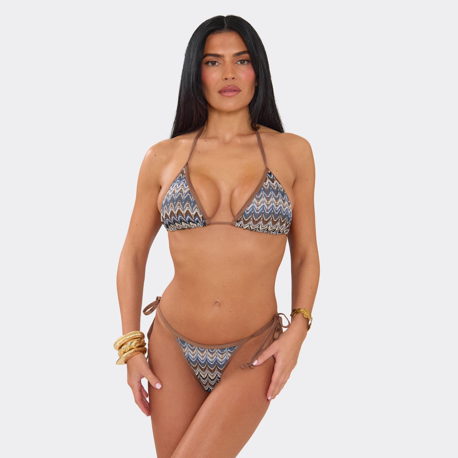 EGO Halterneck Triangle Bikini Top In Blue Multi Zigzag Print, Women's Size UK L