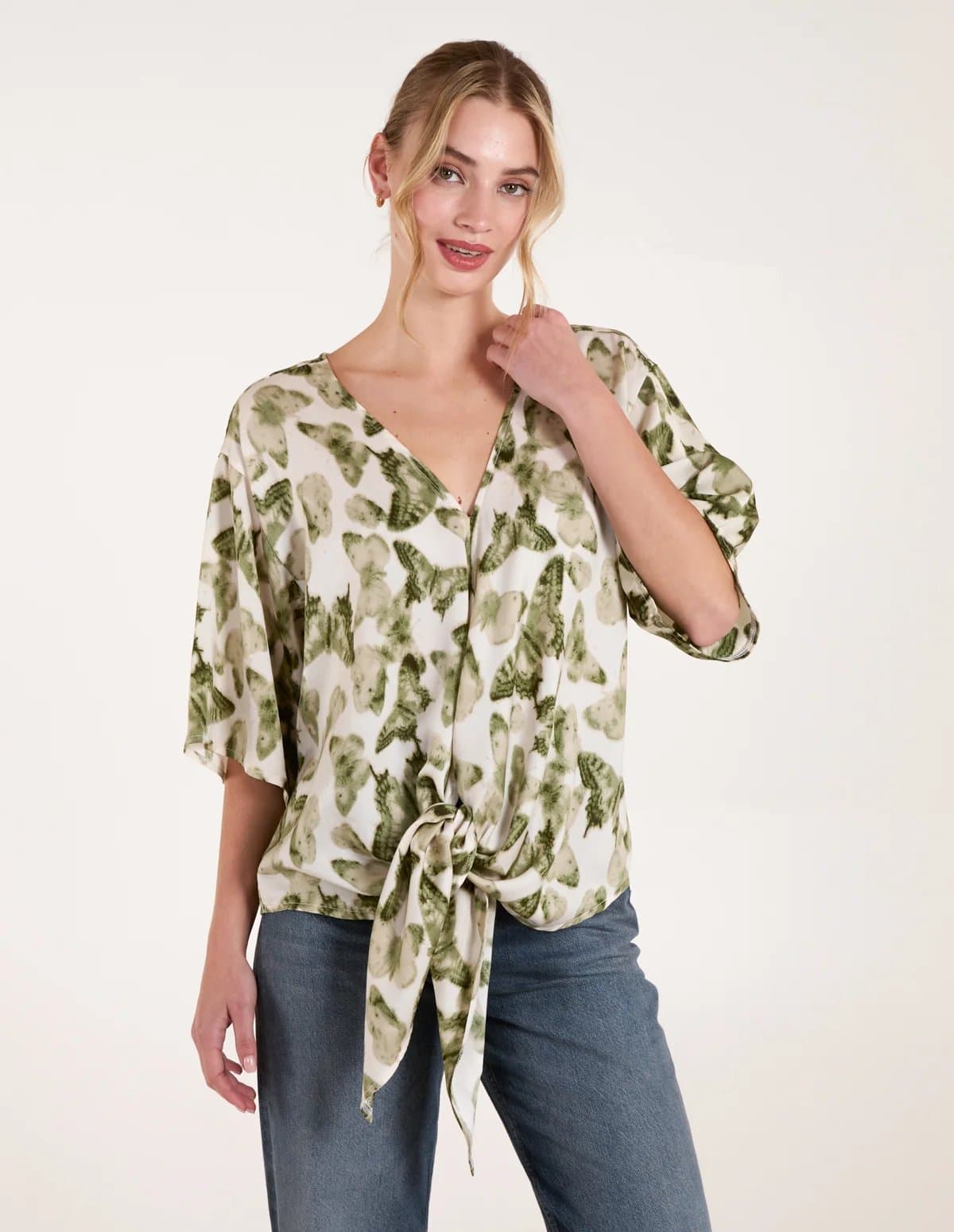 Blue Vanilla Tie Front Watercolour Butterfly Printed Top