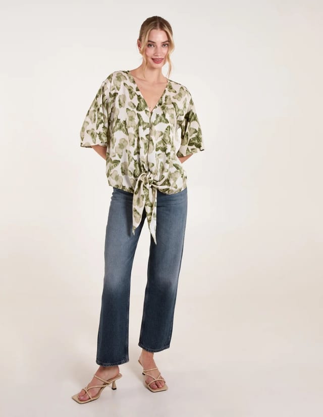 Blue Vanilla Tie Front Watercolour Butterfly Printed Top - 2