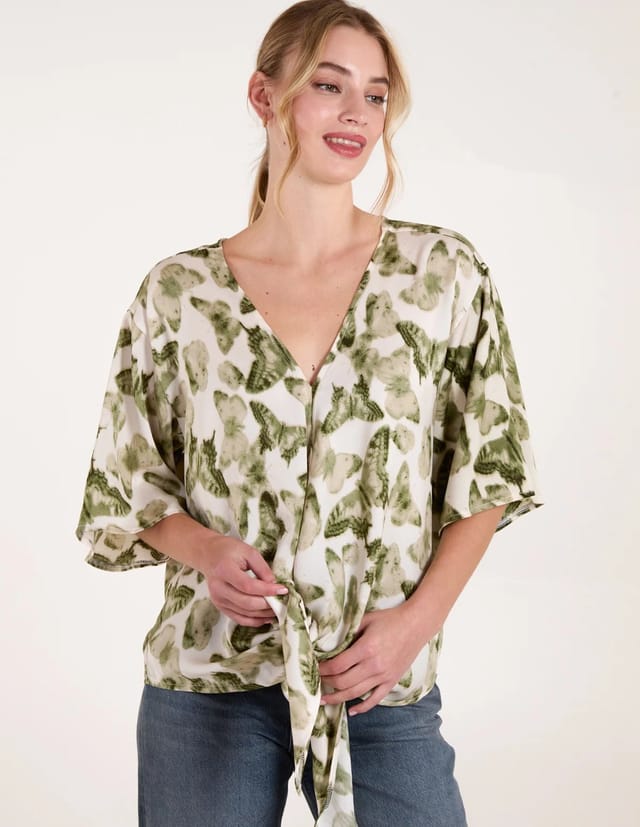 Blue Vanilla Tie Front Watercolour Butterfly Printed Top - 3