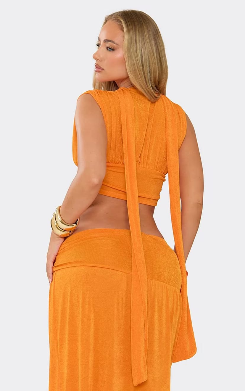 EGO Plunge Neck Ruched Scarf Detail Crop Top In Orange, Women's Size UK 6 - 1