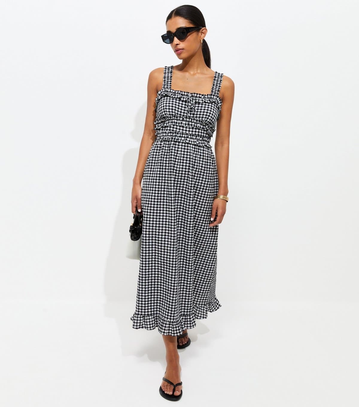 New Look Women's Black Crinkle Texture Frill Trim Gingham Midi Dress New Look