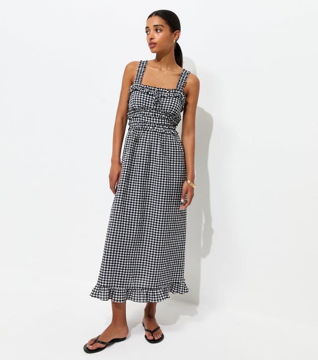 New Look Women's Black Crinkle Texture Frill Trim Gingham Midi Dress New Look - 2