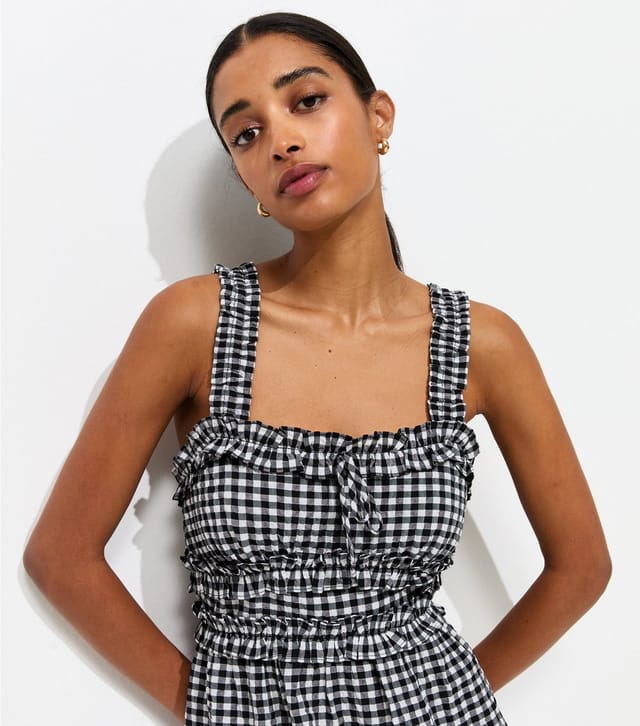 New Look Women's Black Crinkle Texture Frill Trim Gingham Midi Dress New Look - 3