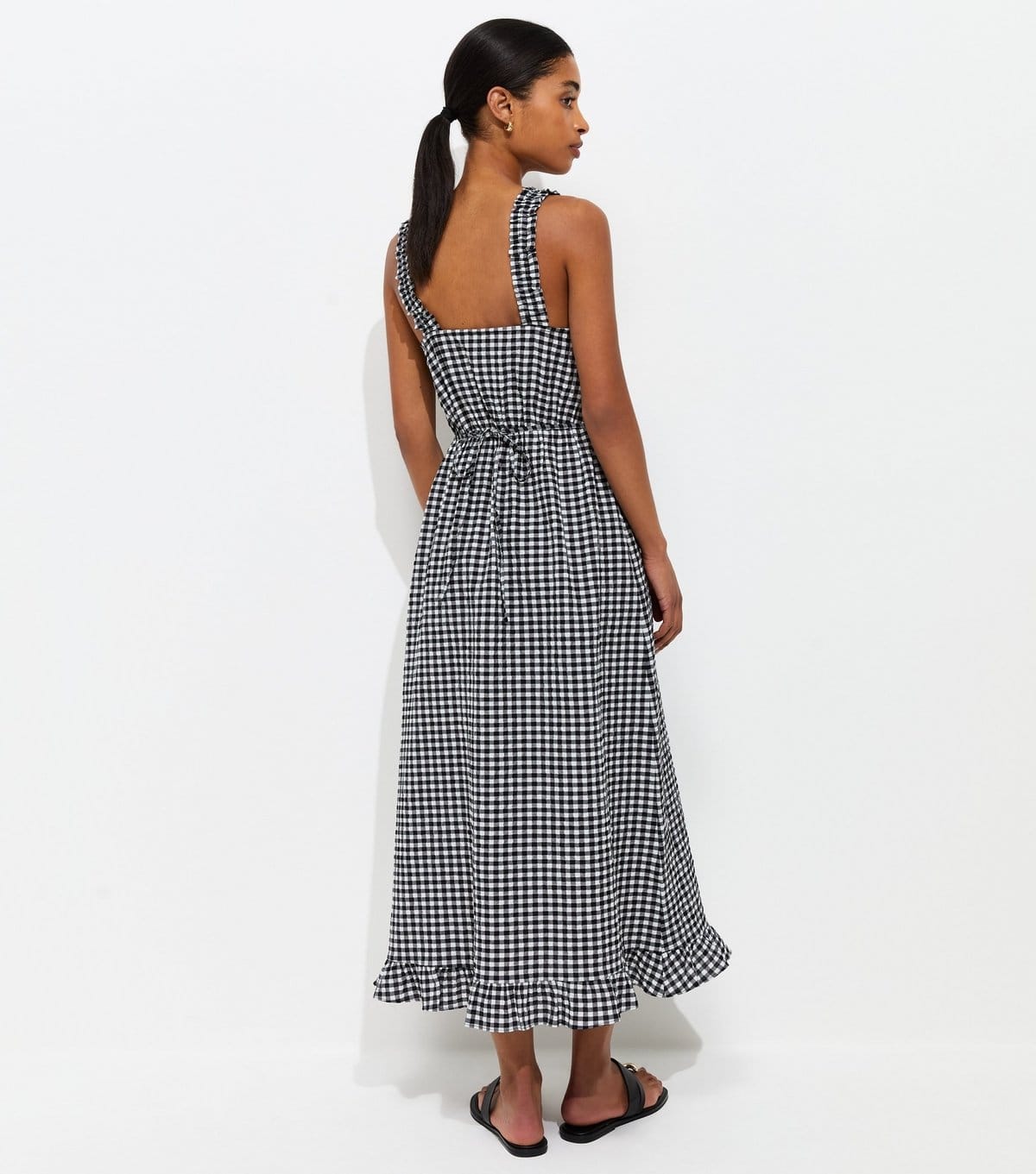 New Look Women's Black Crinkle Texture Frill Trim Gingham Midi Dress New Look - 4