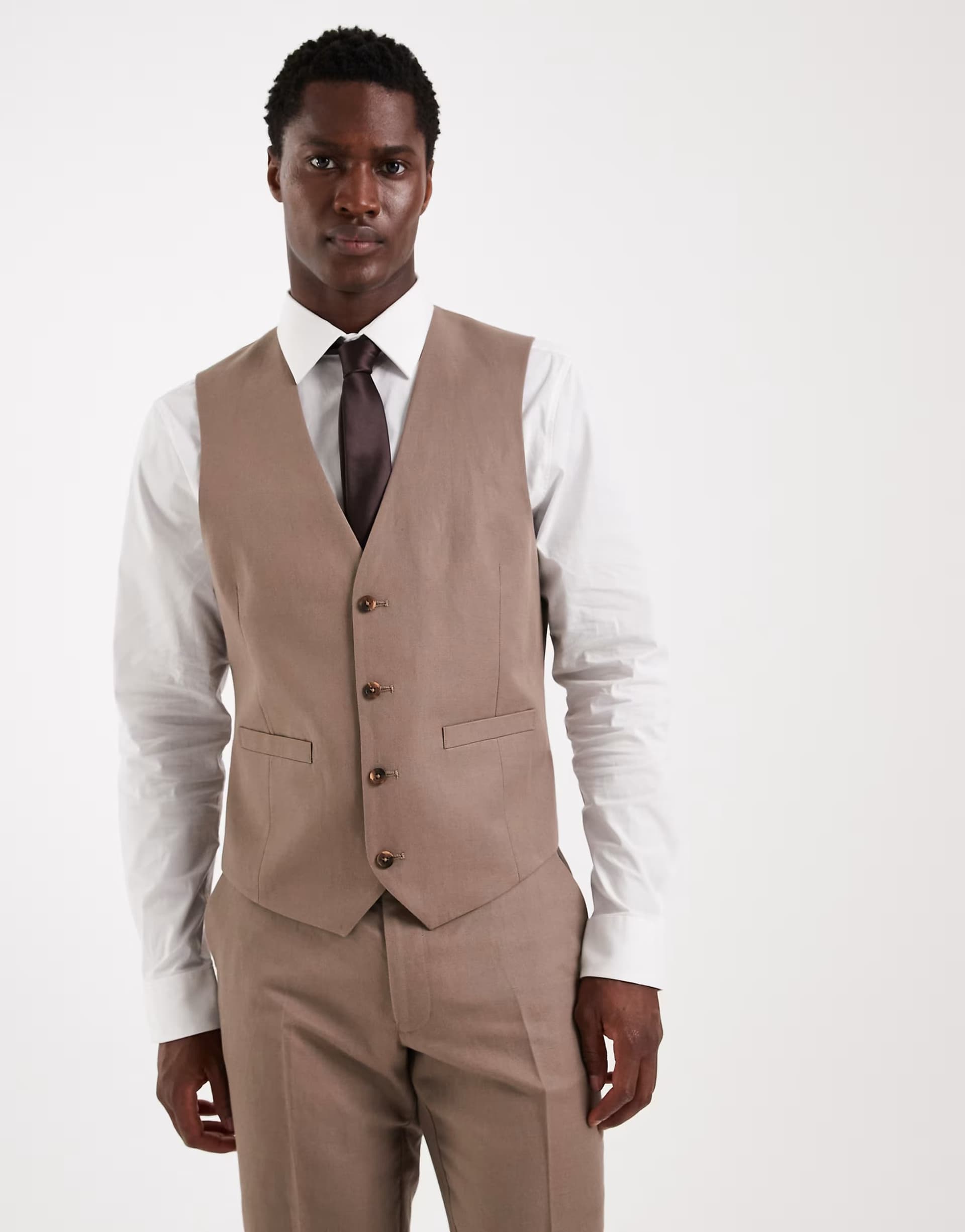 ASOS ASOS DESIGN Slim Linen Waistcoat in Beige Twill