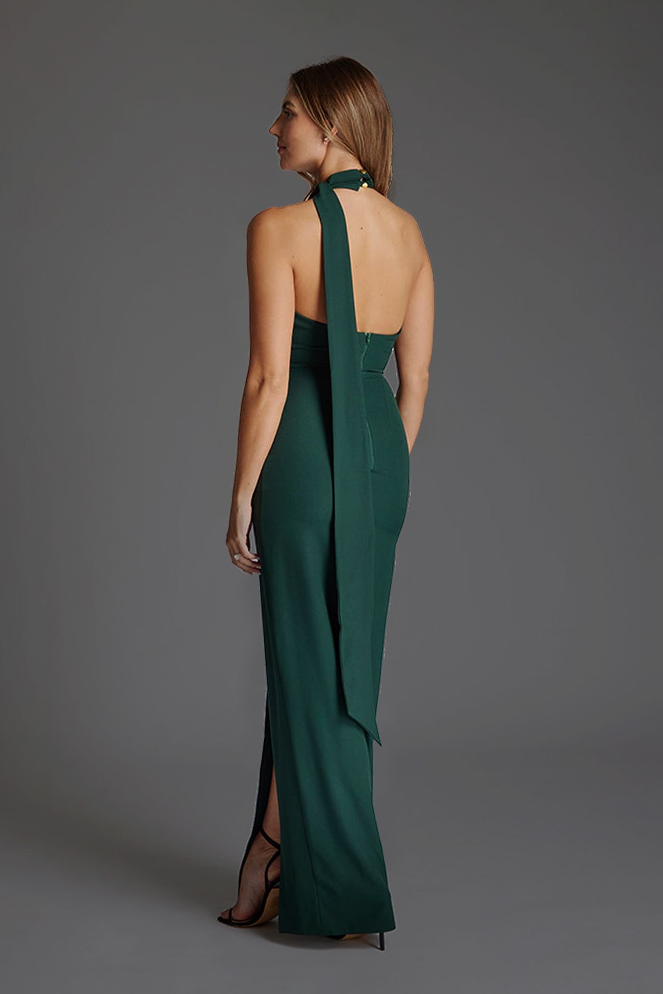 Vesper Vesper Women's High Halter Neckline Maxi Dress with Scarf in Green - 3