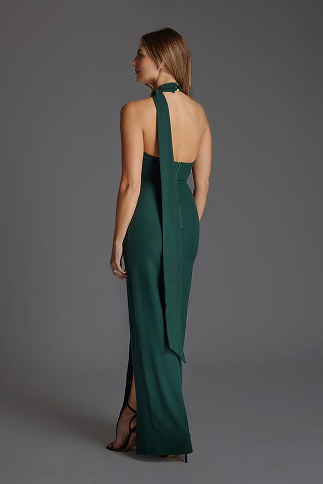 Vesper Vesper Women's High Halter Neckline Maxi Dress with Scarf in Green - 3