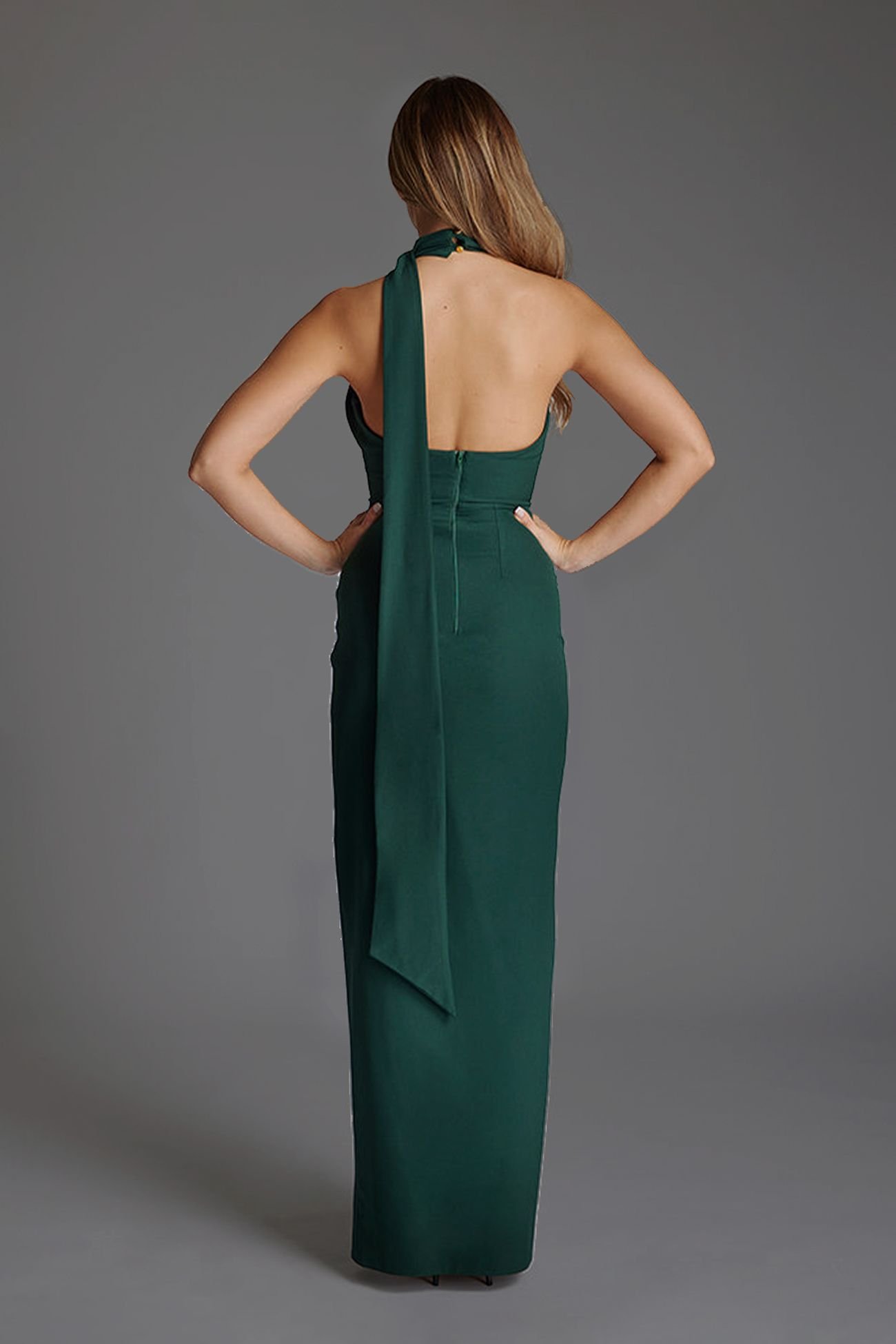 Vesper Vesper Women's High Halter Neckline Maxi Dress with Scarf in Green - 4