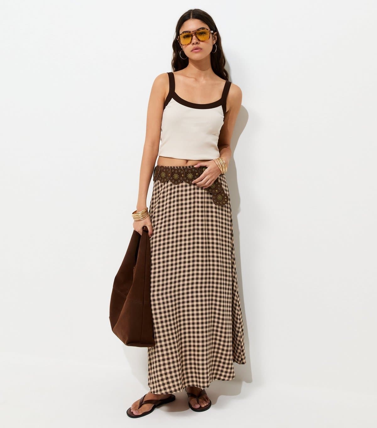 New Look Women's Brown Gingham Print Circle Maxi Skirt New Look