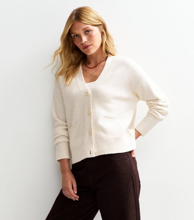 New Look Women's Off White Button Front Patch Pocket Cardigan New Look - 3