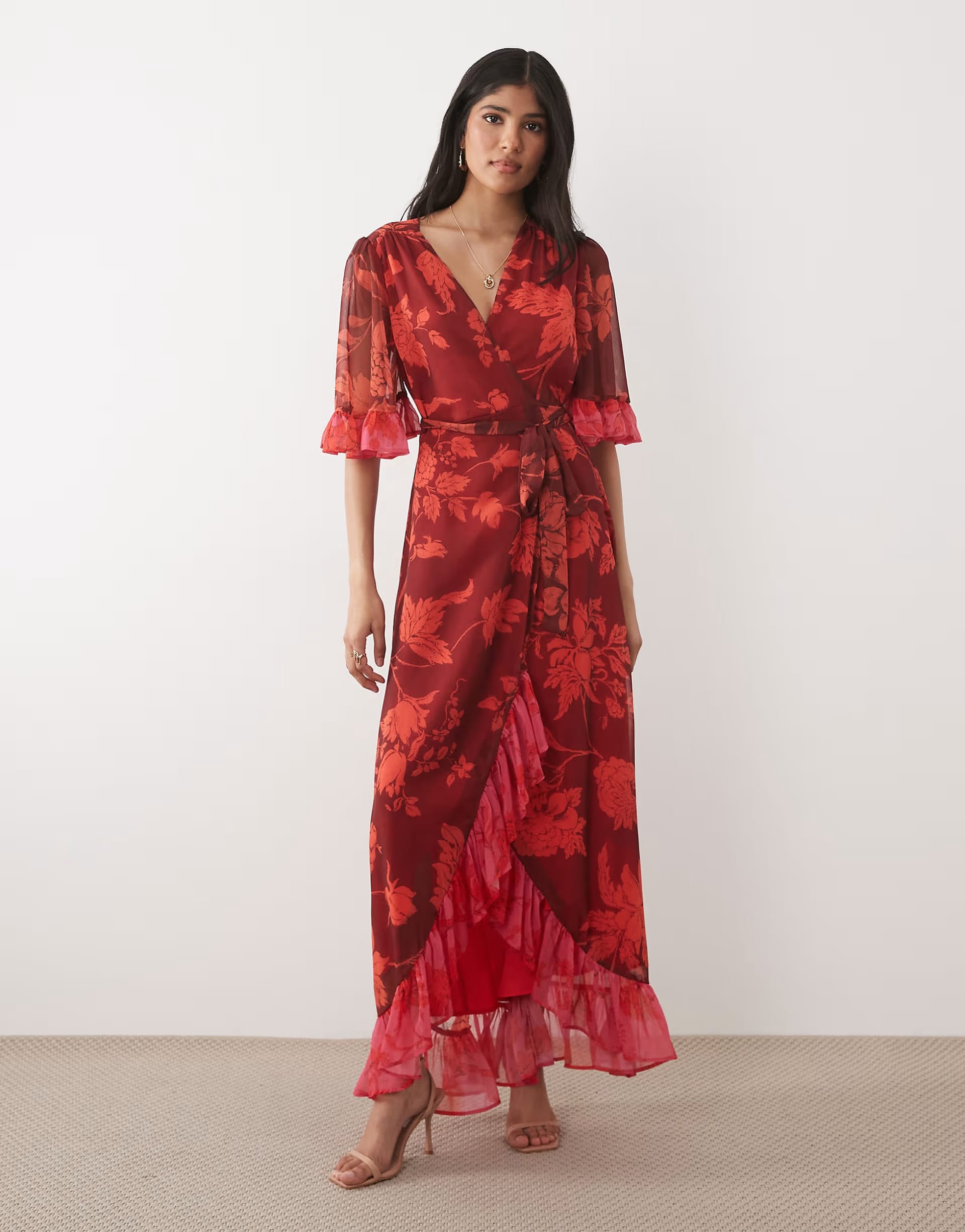 ASOS Red Floral Wrap Maxi Dress with Flutter Sleeves