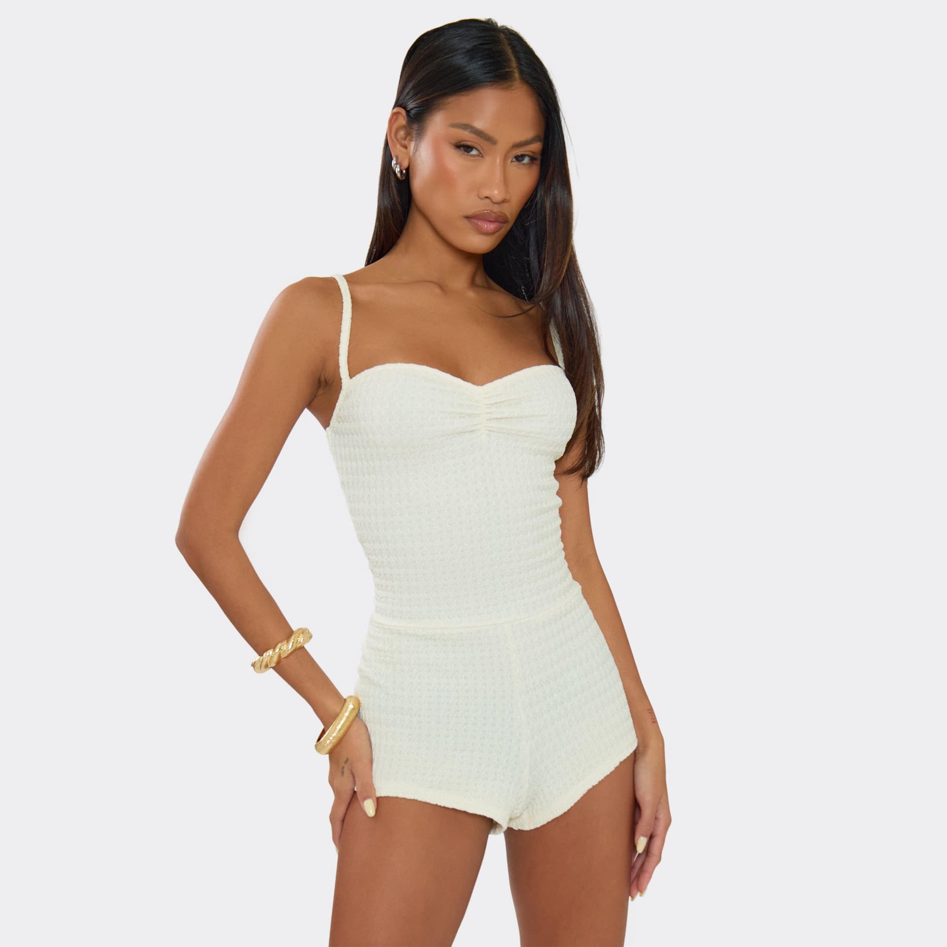 EGO Strappy Ruched Bust Micro Playsuit In Cream Textured Sheer, Women's Size UK 6