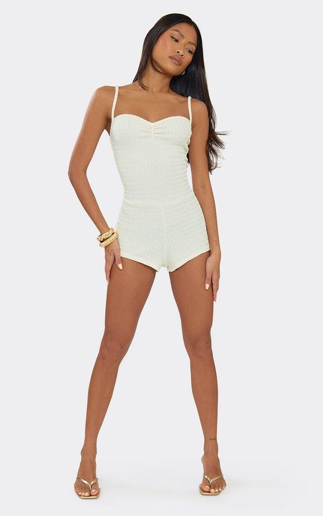 EGO Strappy Ruched Bust Micro Playsuit In Cream Textured Sheer, Women's Size UK 6 - 2